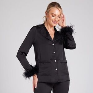 NADINE MERABI Black Satin Feather Cuff Button-Up Blouse